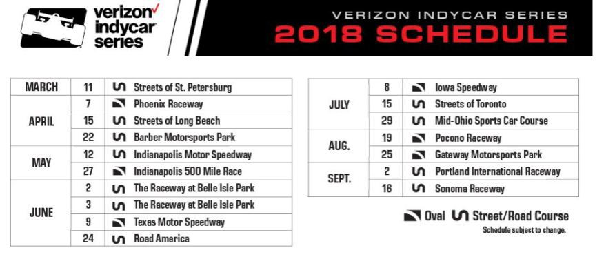В IndyCar представили календарь на 2018 год В IndyCar представили календарь на 2018 год
